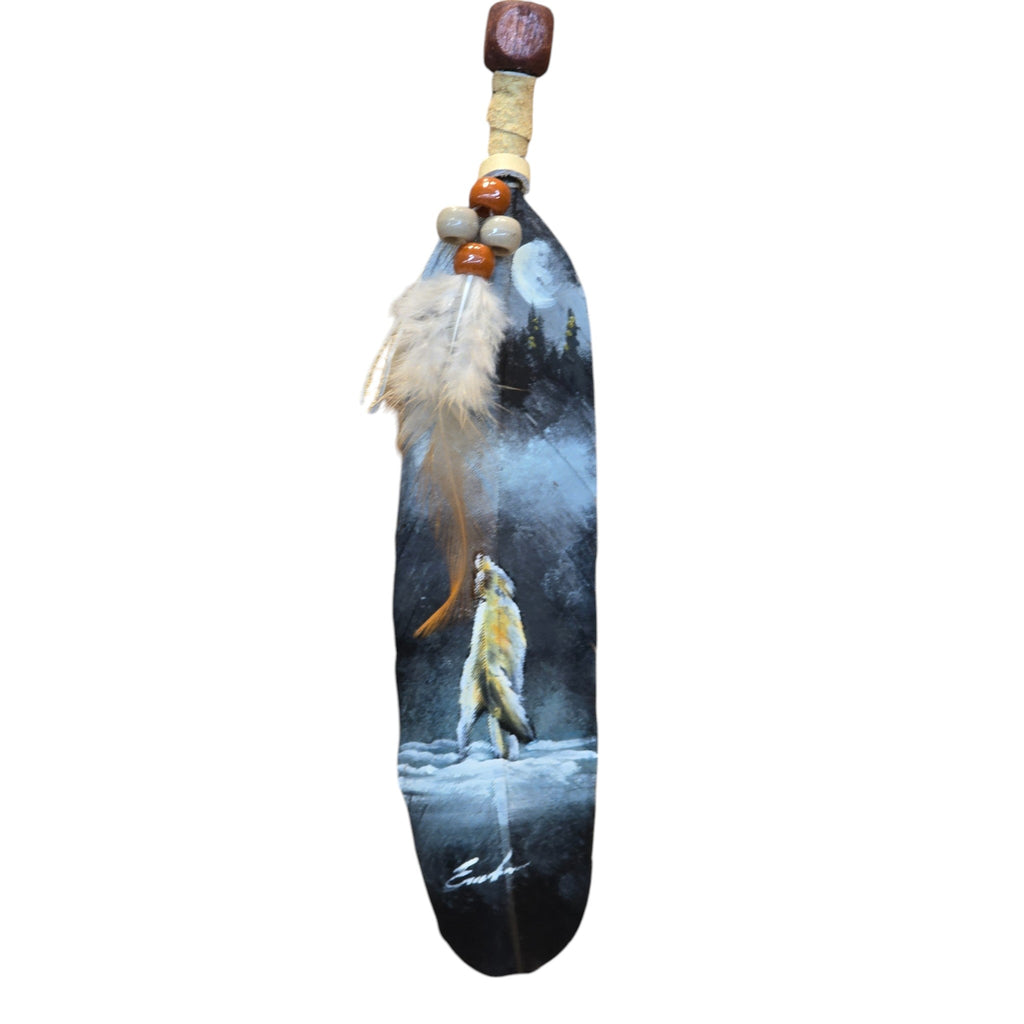 Hand Painted Feather, Featuring a Howling Wolf.  Piece has a Certificate of Authenticity