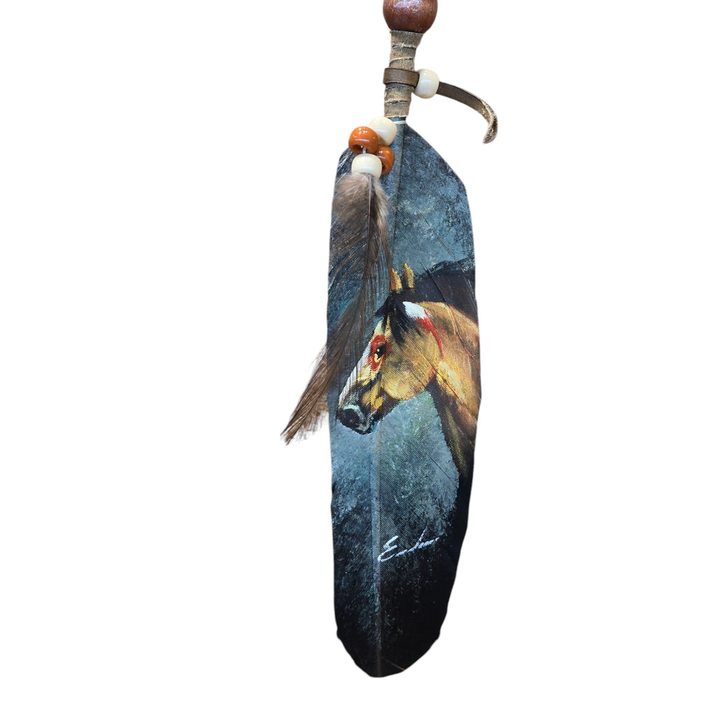 Hand Painted Feather, Featuring a War Horse.  Piece has a Certificate of Authenticity