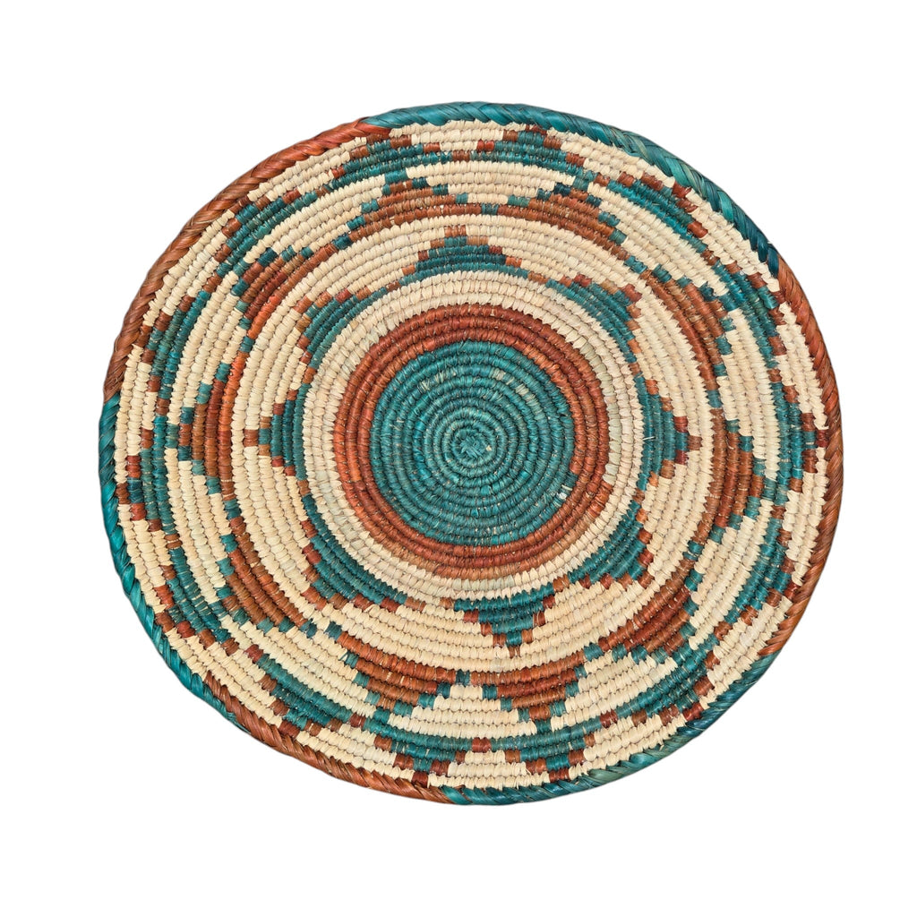 Natural, Handwoven Geometric Turquoise & Rust Basket