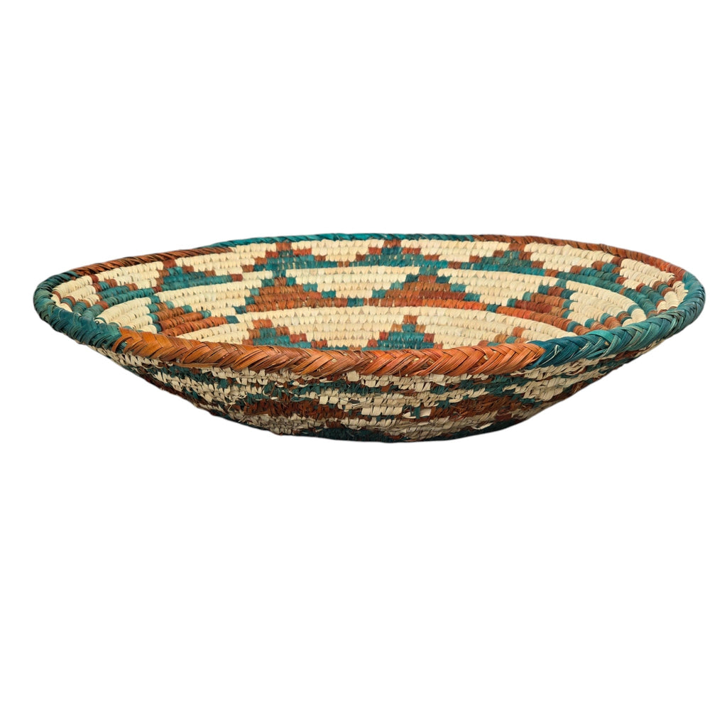 Natural, Handwoven Geometric Turquoise & Rust Basket