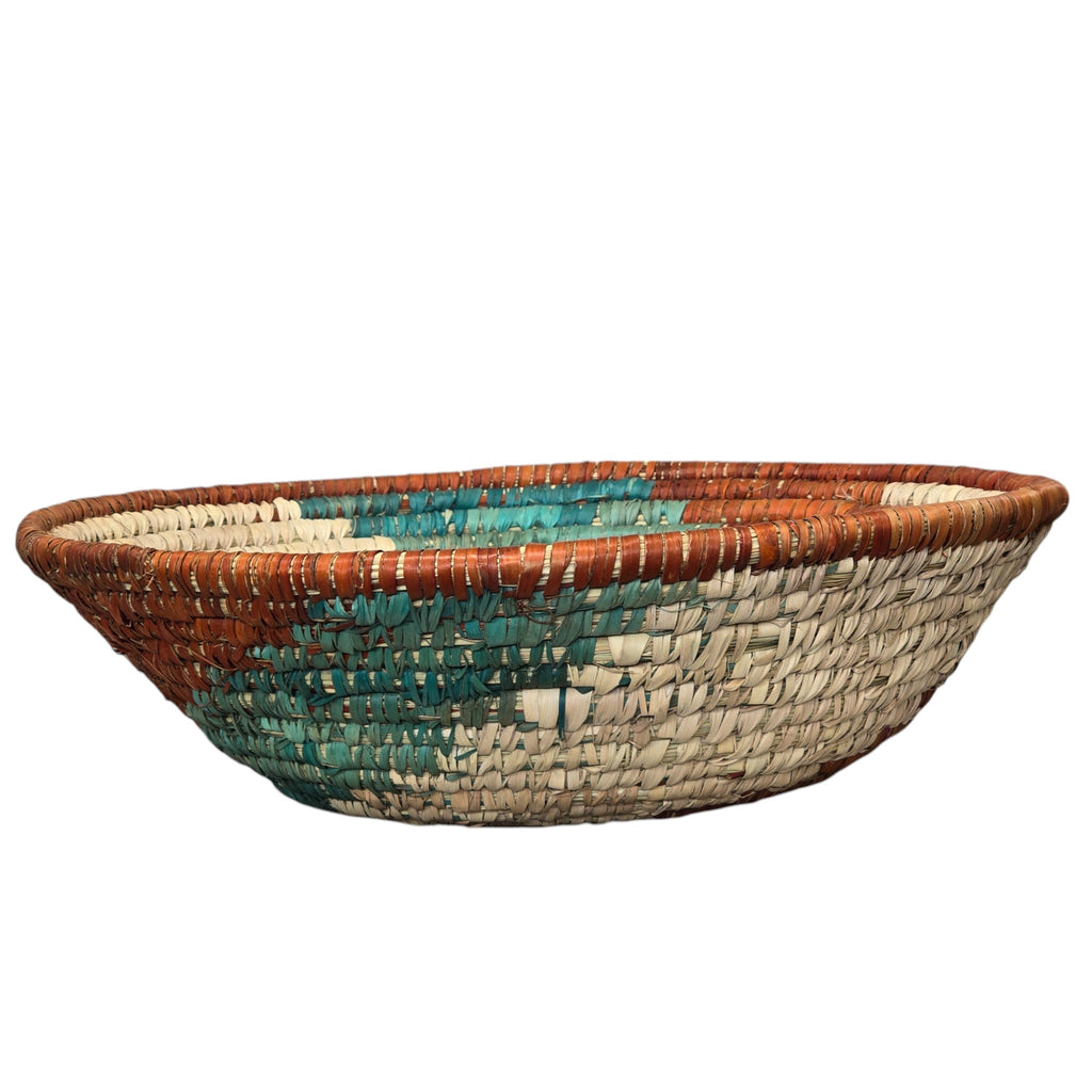 Natural, Handwoven Geometric Turquoise & Rust Basket