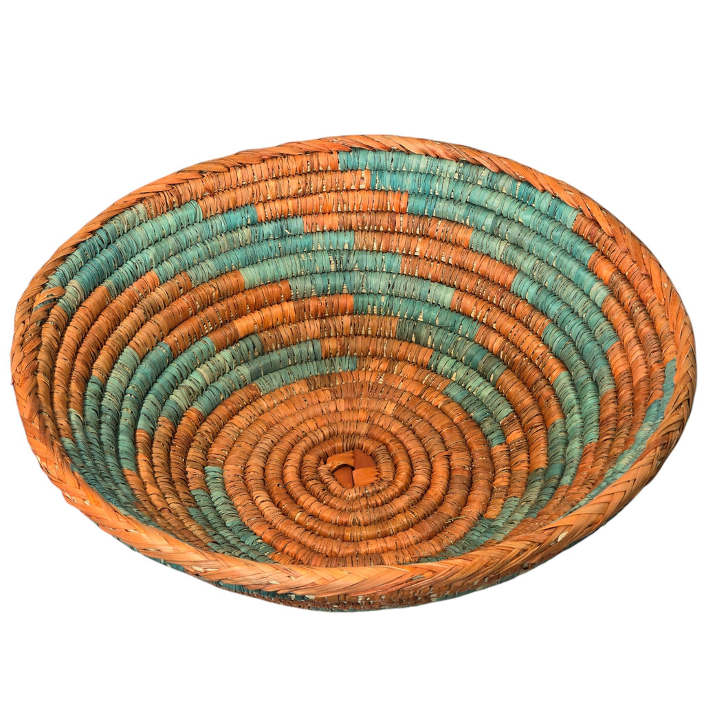 Natural, Handwoven Geometric Turquoise & Rust Basket