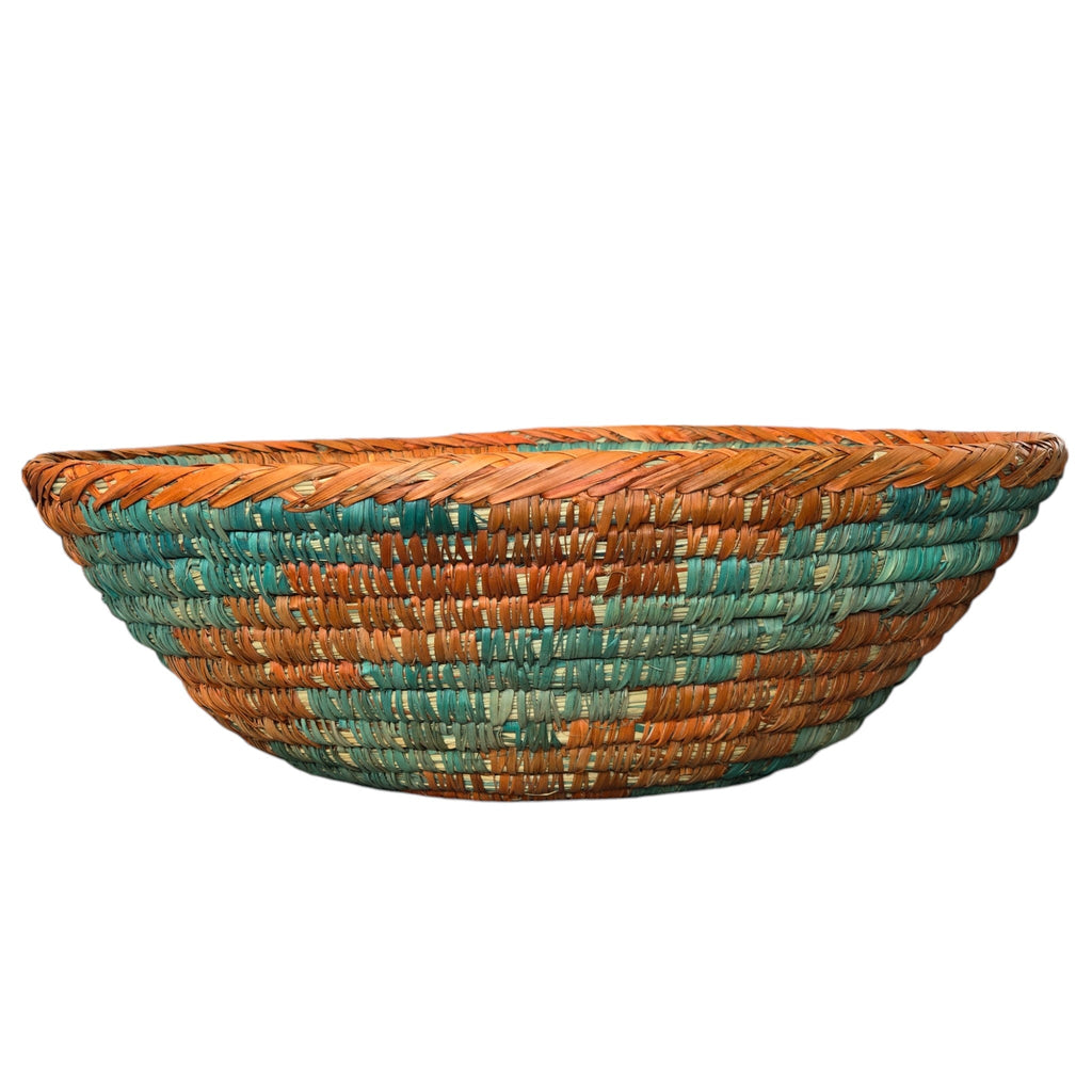 Natural, Handwoven Geometric Turquoise & Rust Basket