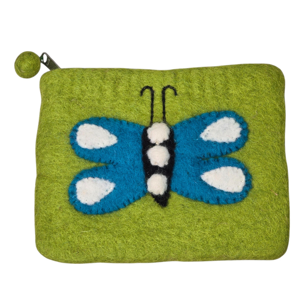 Hand Crafted Wool Felt Coin Purse, Green in Color, Emblazoned with a Butterfly