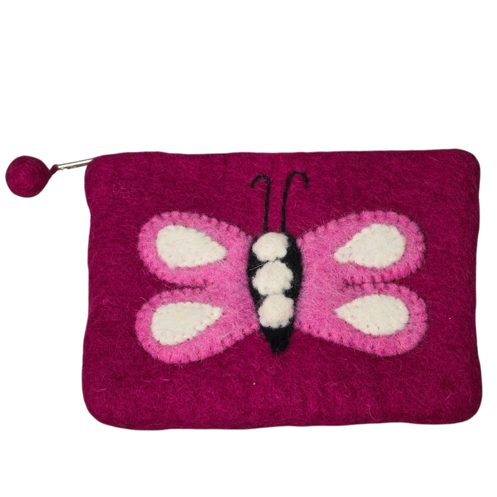 Hand Crafted Wool Felt Coin Purse, Magenta in Color, Emblazoned with a Butterfly