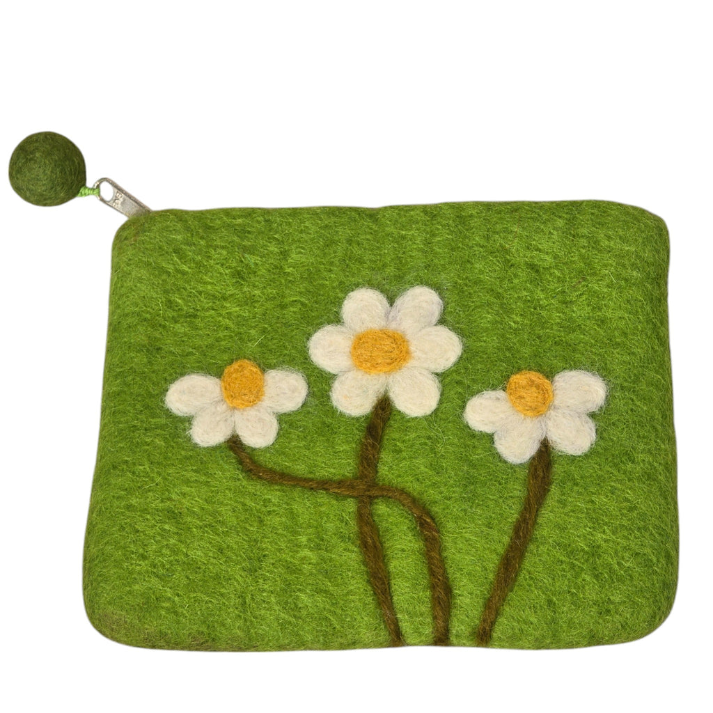 Hand Crafted Wool Felt Coin Purse, Green in Color, Emblazoned with a Daisy Flower