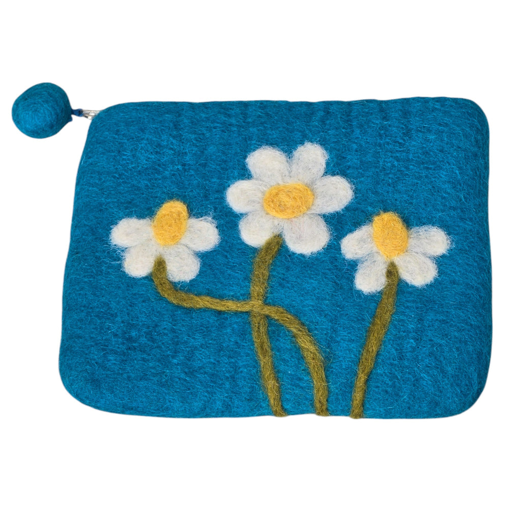 Hand Crafted Wool Felt Coin Purse, Teal in Color, Emblazoned with a Daisy Flower