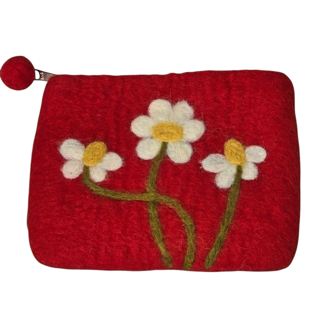 Hand Crafted Wool Felt Coin Purse, Red in Color, Emblazoned with a Daisy Flower