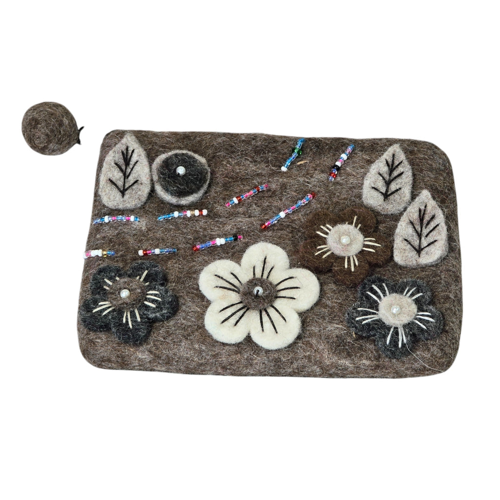 Handmade Wool Felt Coin Purse, Dark Brown in Color and Emblazoned with Flowers and Beads
