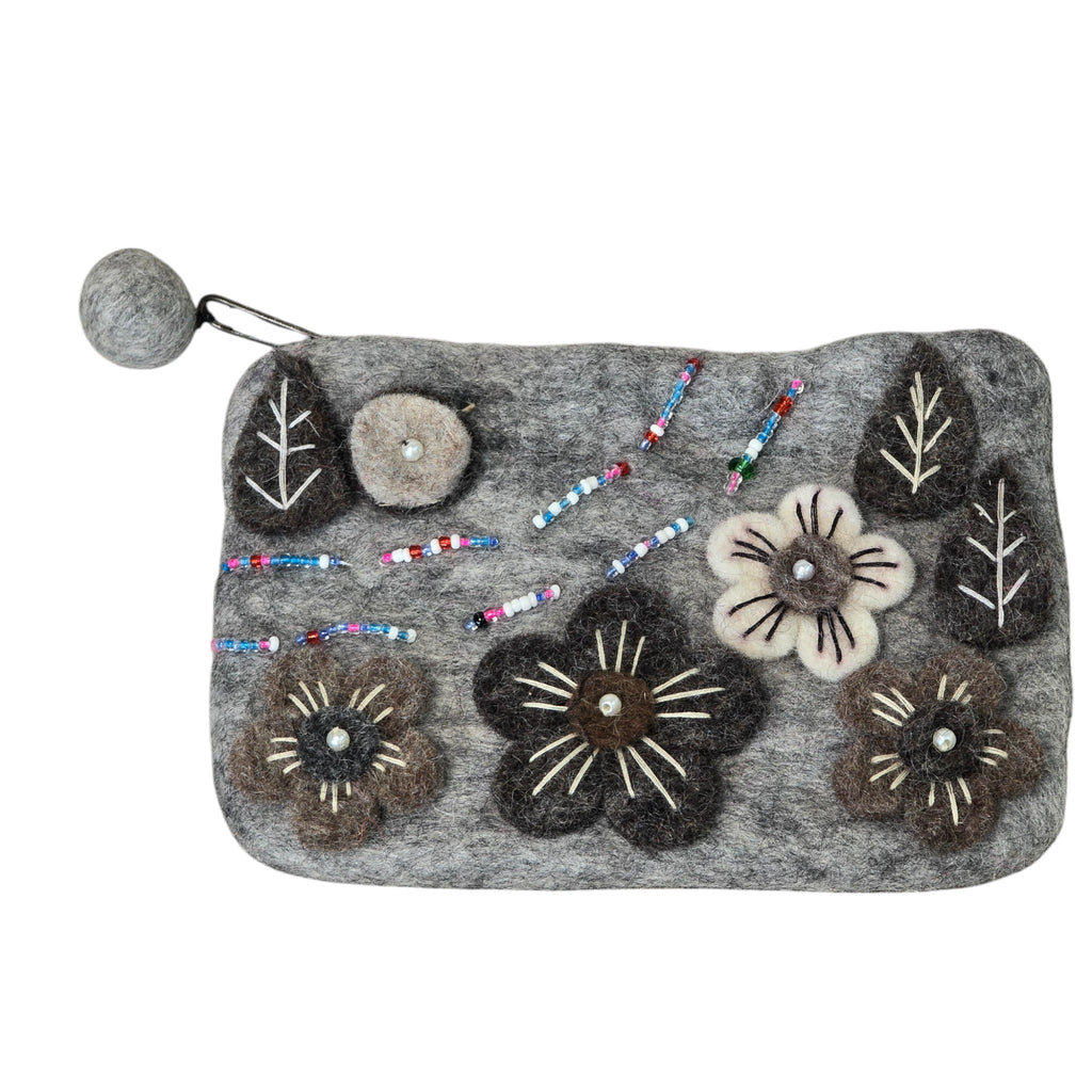 Handmade Wool Felt Coin Purse, Light Gray in Color and Emblazoned with Flowers and Beads