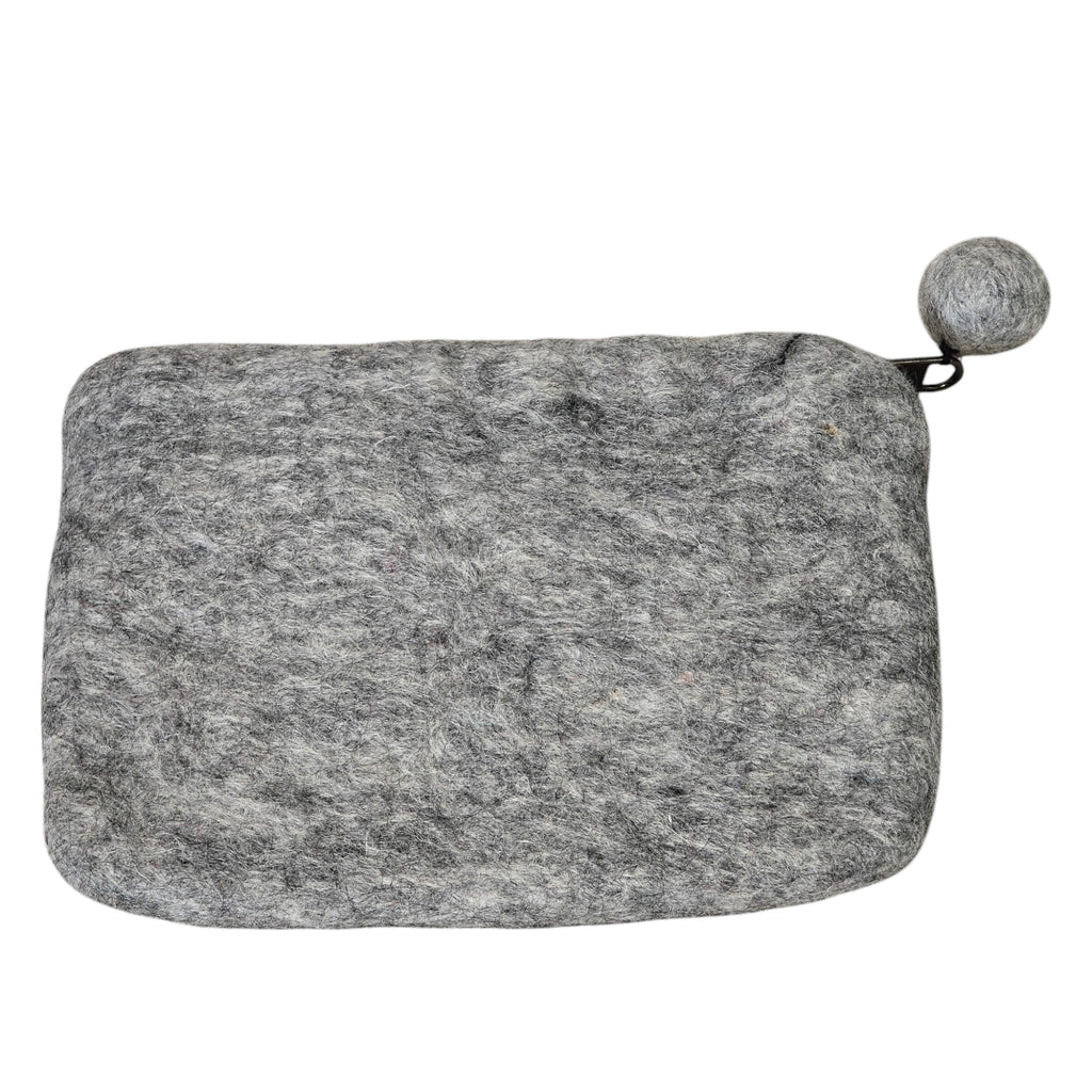 Handmade Wool Felt Coin Purse, Light Gray in Color and Emblazoned with Flowers and Beads
