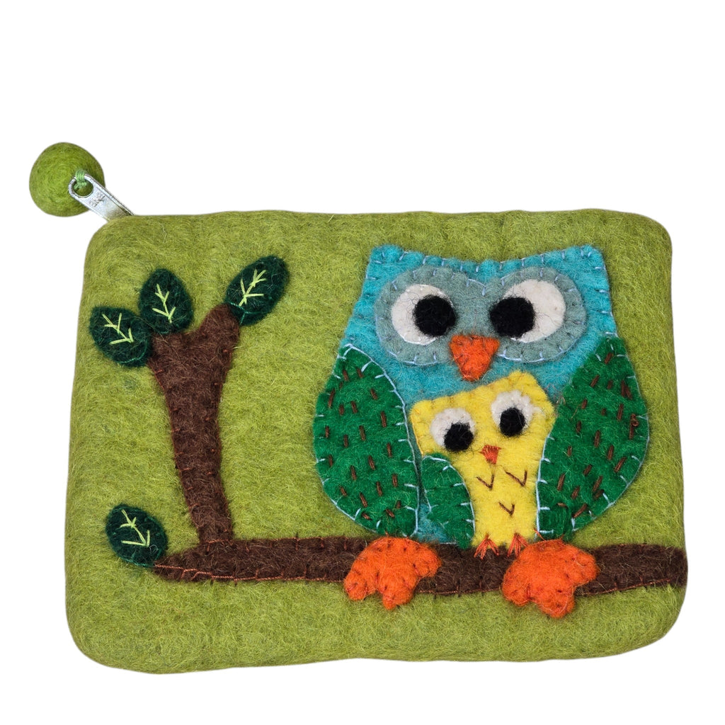 Handmade Wool Felt Coin Purse, Emblazoned with an Owl Family