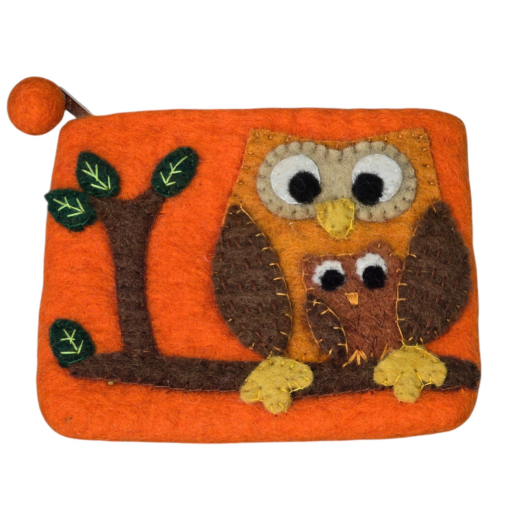 Handmade Wool Felt Coin Purse, Emblazoned with an Owl Family