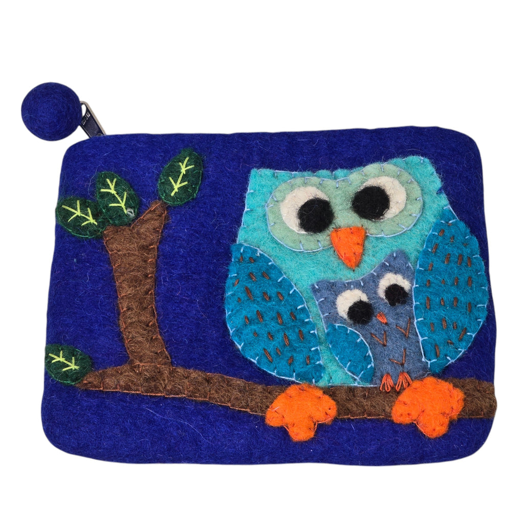 Handmade Wool Felt Coin Purse, Emblazoned with an Owl Family