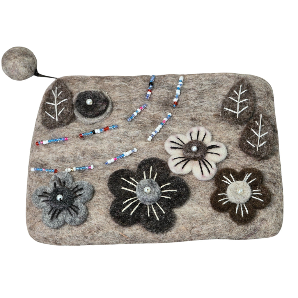 Handmade Wool Felt Coin Purse, Light Brown in Color and Emblazoned with Flowers and Beads