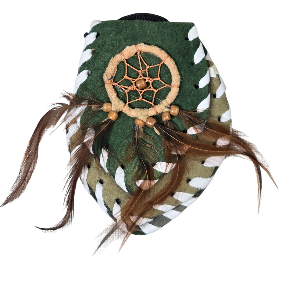 Handmade Leather Amulet Bag Adorned with Dreamcatcher; Green in Color