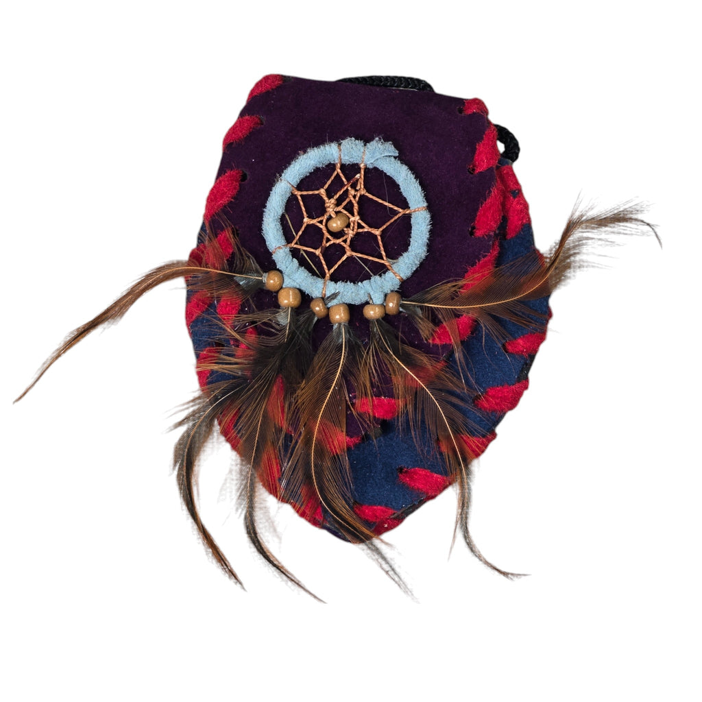 Handmade Leather Amulet Bag Adorned with Dreamcatcher; Purple in Color