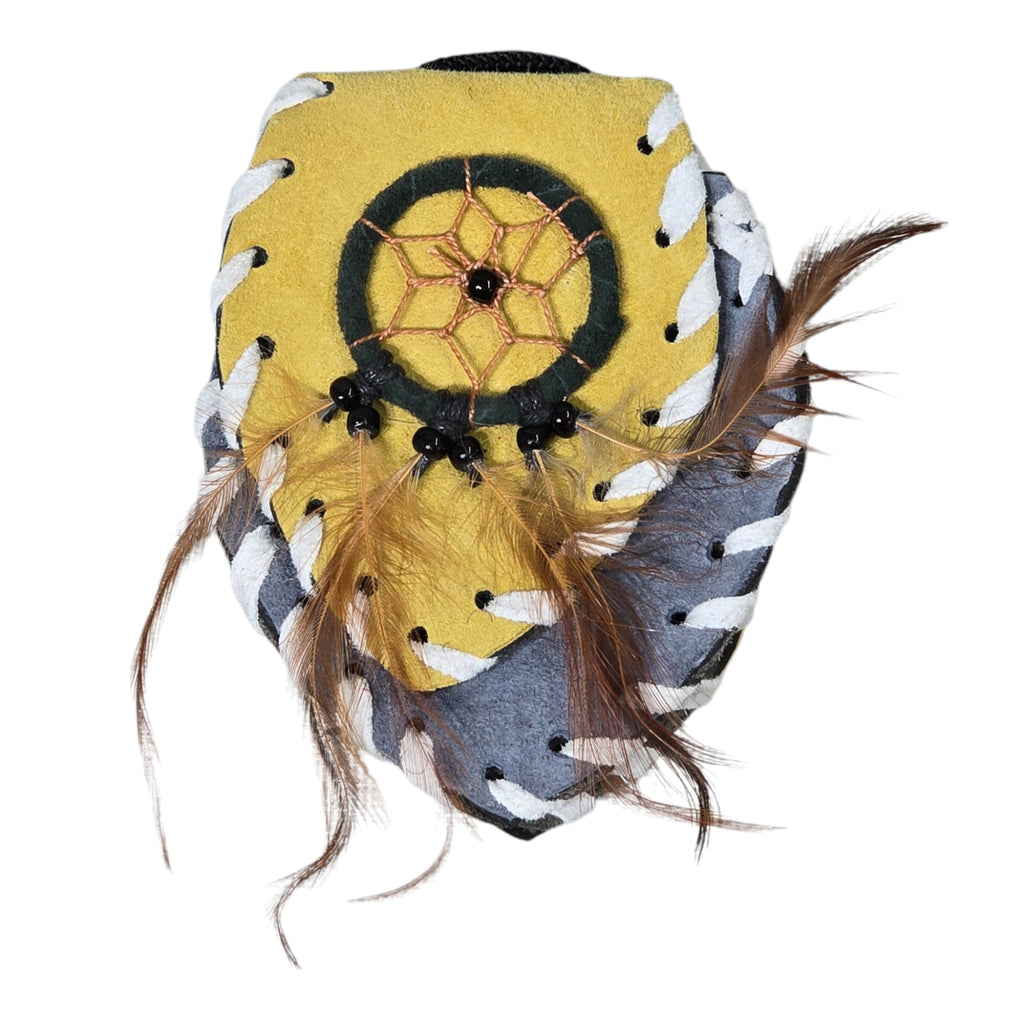 Handmade Leather Amulet Bag Adorned with Dreamcatcher; Buckskin in Color