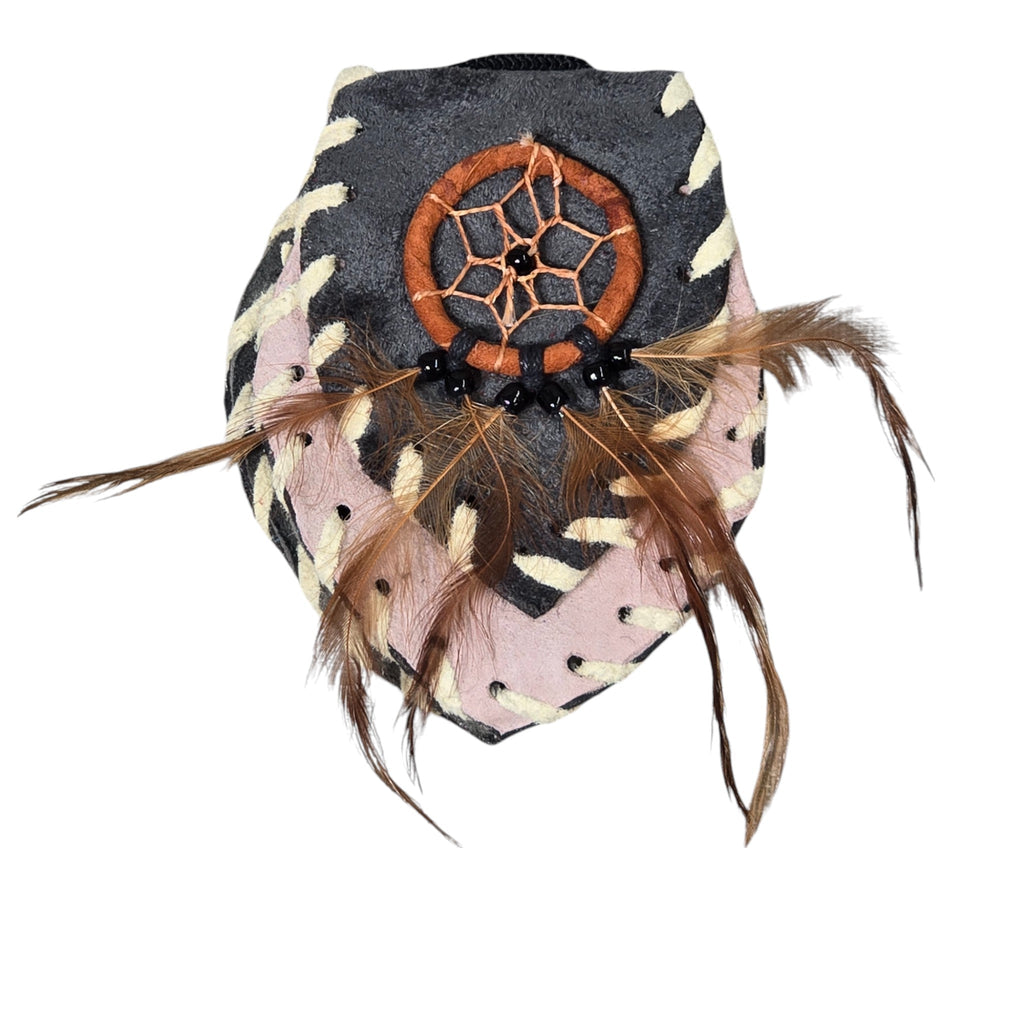 Handmade Leather Amulet Bag Adorned with Dreamcatcher; Gray in Color