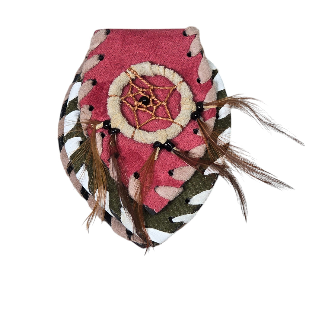 Handmade Leather Amulet Bag Adorned with Dreamcatcher; Pink in Color