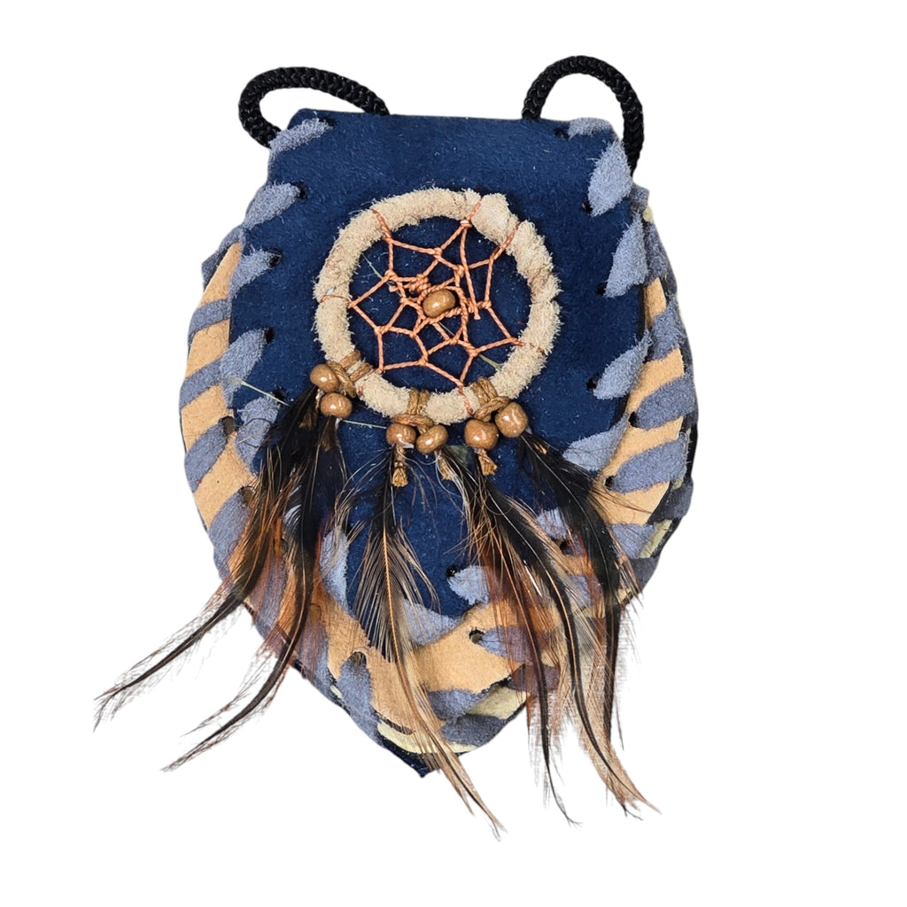 Handmade Leather Amulet Bag Adorned with Dreamcatcher; Blue in Color
