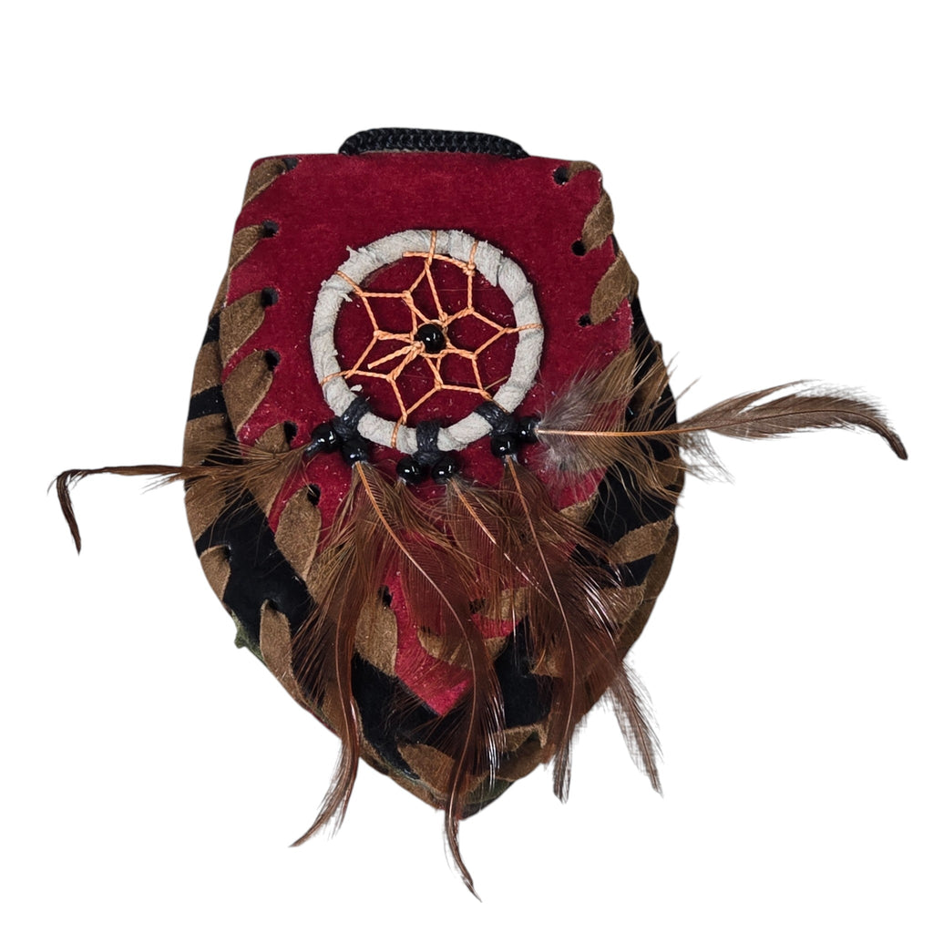 Handmade Leather Amulet Bag Adorned with Dreamcatcher; Red in Color