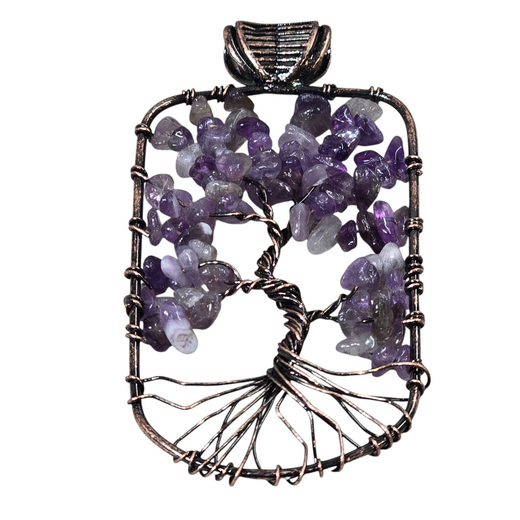 Handmade Wire-Wrapped Amethyst Crystal Tree of Life Pendant