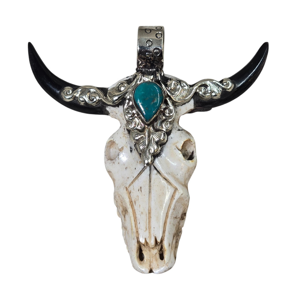 Hand-Carved Natural Bone, Longhorn Bull Pendant set with Natural Turquoise, Featuring a Tibetan Silver Design