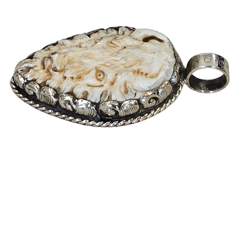 Hand-Carved Natural Bone, Buffalo Head Pendant, Featuring a Tibetan Silver Design