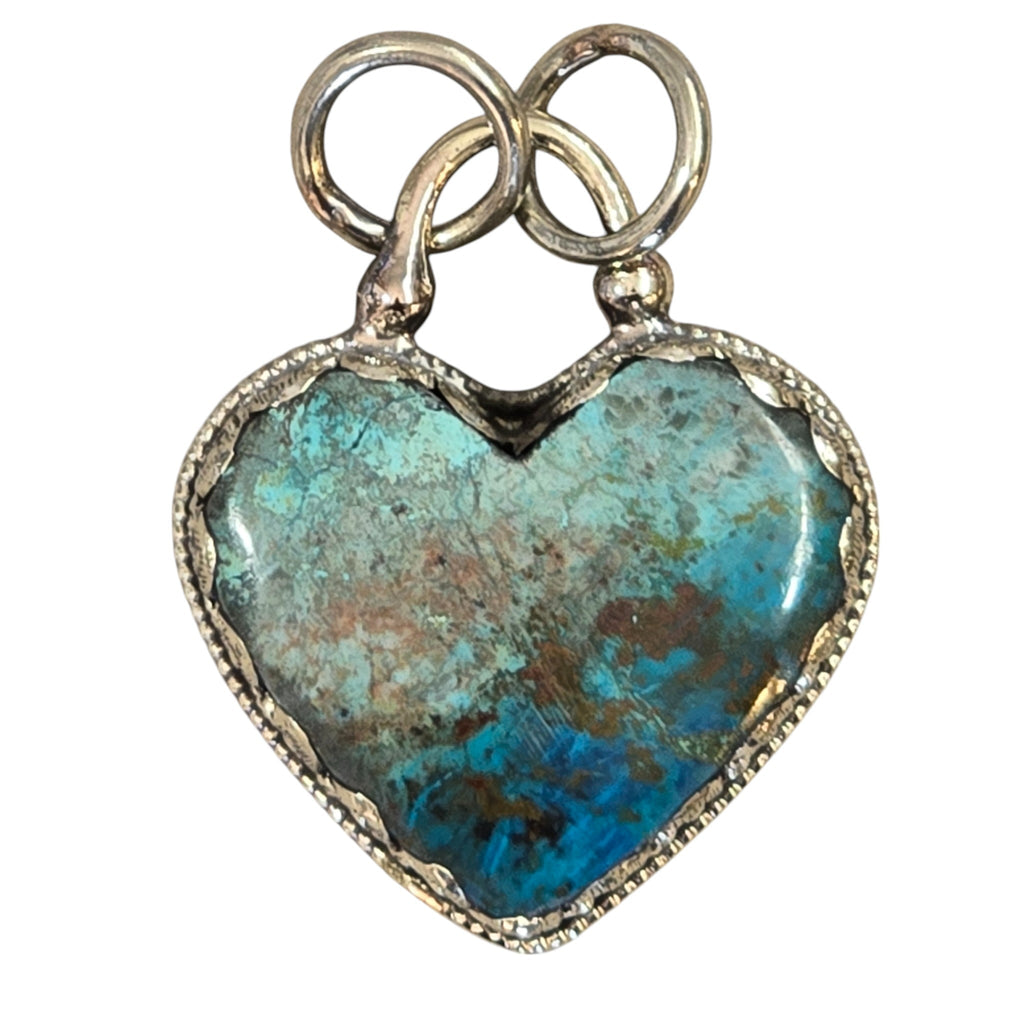 Handmade Chrysocolla, Heart Shaped Pendant, Featuring a Tibetan Silver Design