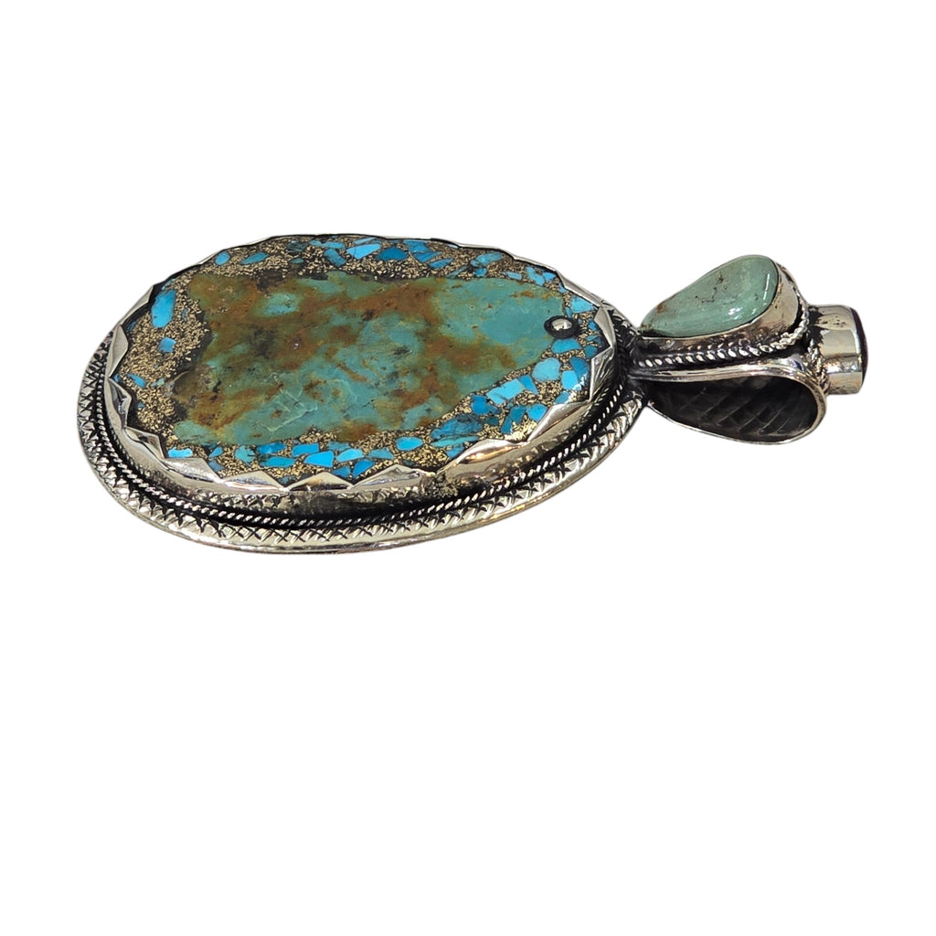 Handmade African Handcrafted Turquoise Pendant, Featuring a Tibetan Silver Design