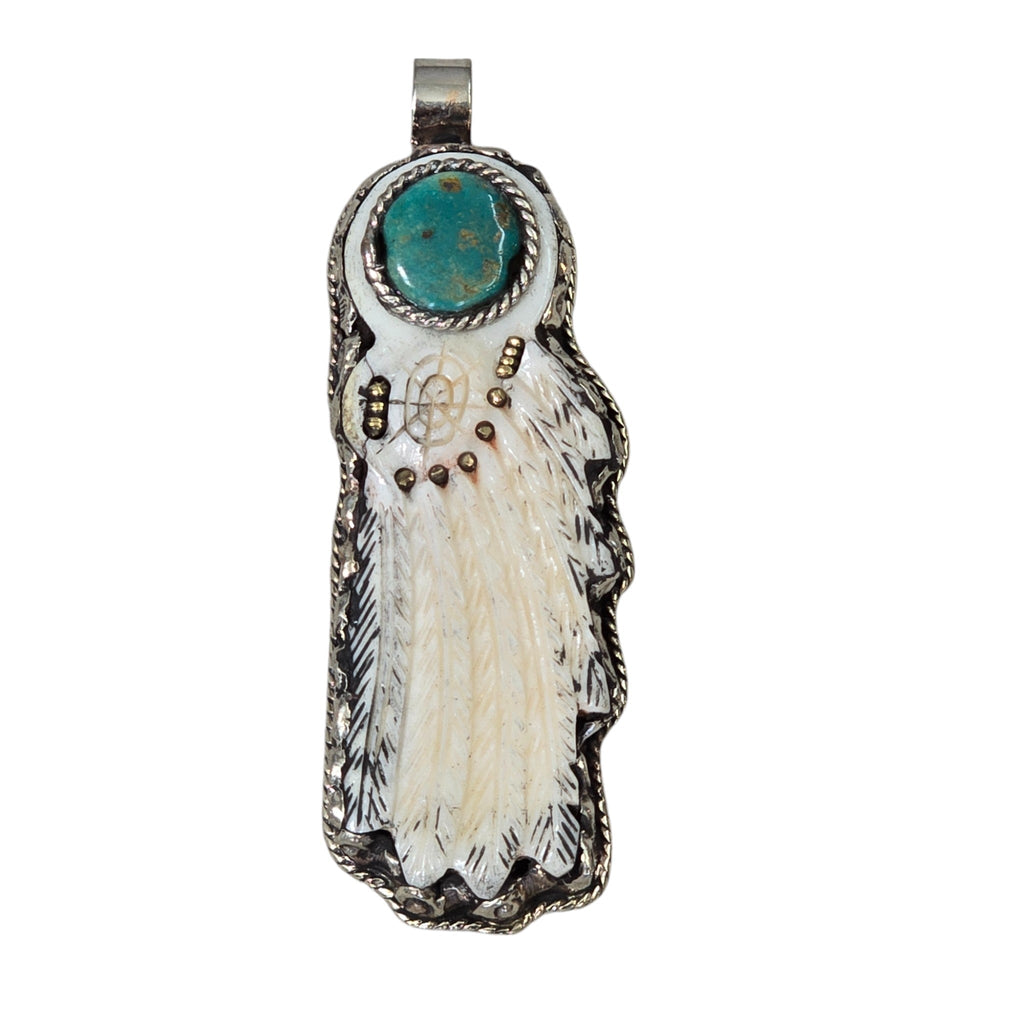 Hand-Carved Natural Bone, Feather Pendant with Natural Turquoise Concho, Featuring a Tibetan Silver Design