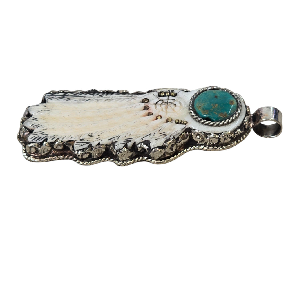 Hand-Carved Natural Bone, Feather Pendant with Natural Turquoise Concho, Featuring a Tibetan Silver Design