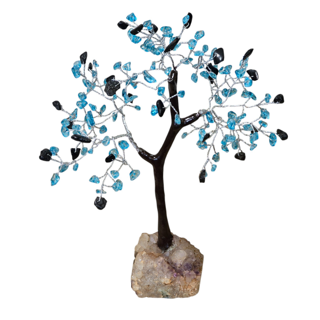 Handmade Natural Stone Blue Tiger's Eye & Blue Quartz Crystal Tree