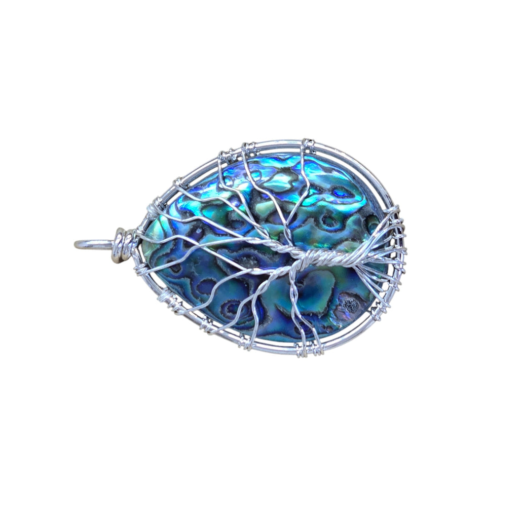 Handmade Teardrop Abalone Shell Wore-Wrapped Tree of Life Pendant