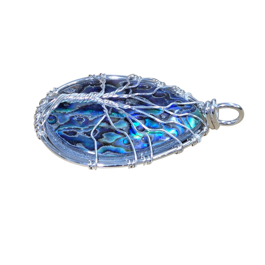 Handmade Teardrop Abalone Shell Wore-Wrapped Tree of Life Pendant