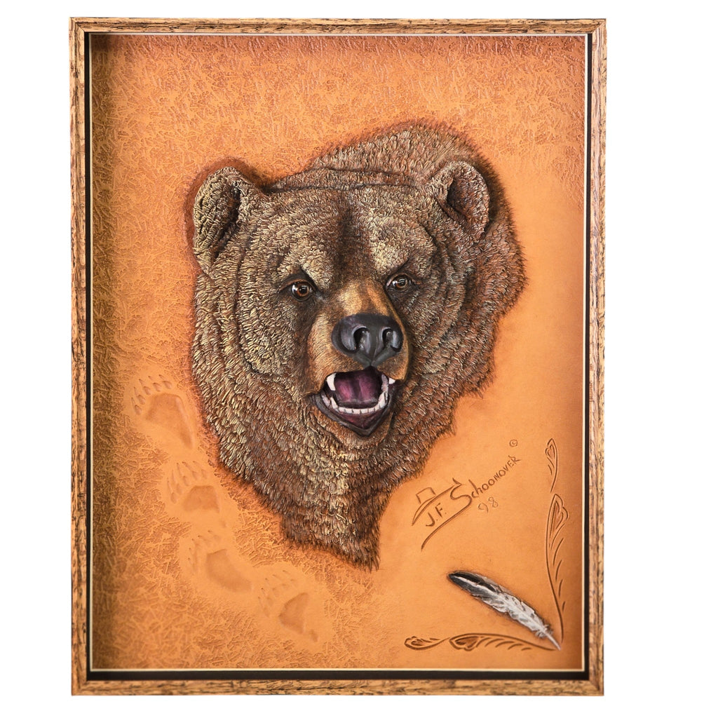 Artisan Handcrafted Three Dimensional Leather Sculpture, Grizzly Bear by Jan Schoonover