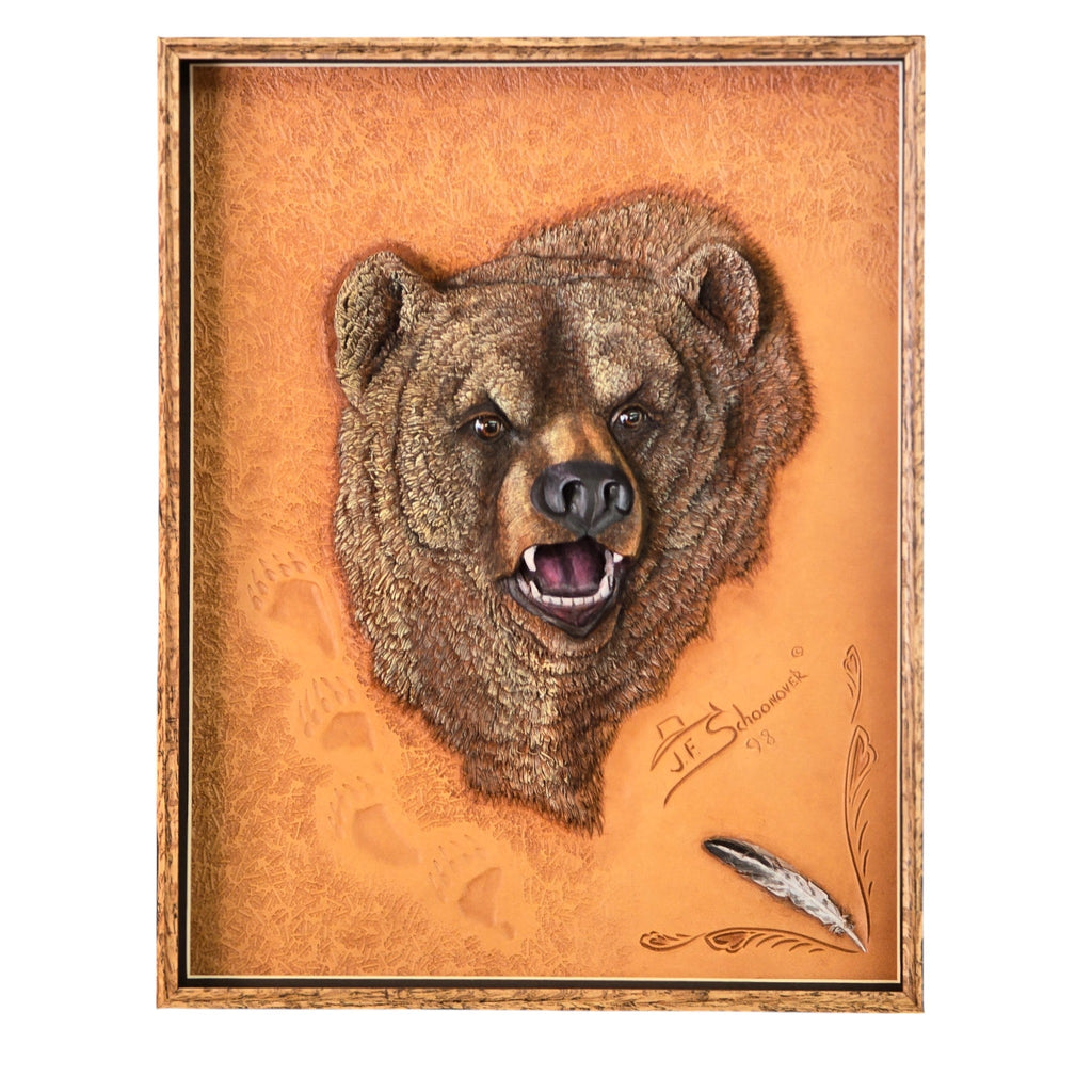 Artisan Handcrafted Three Dimensional Leather Sculpture, Grizzly Bear by Jan Schoonover