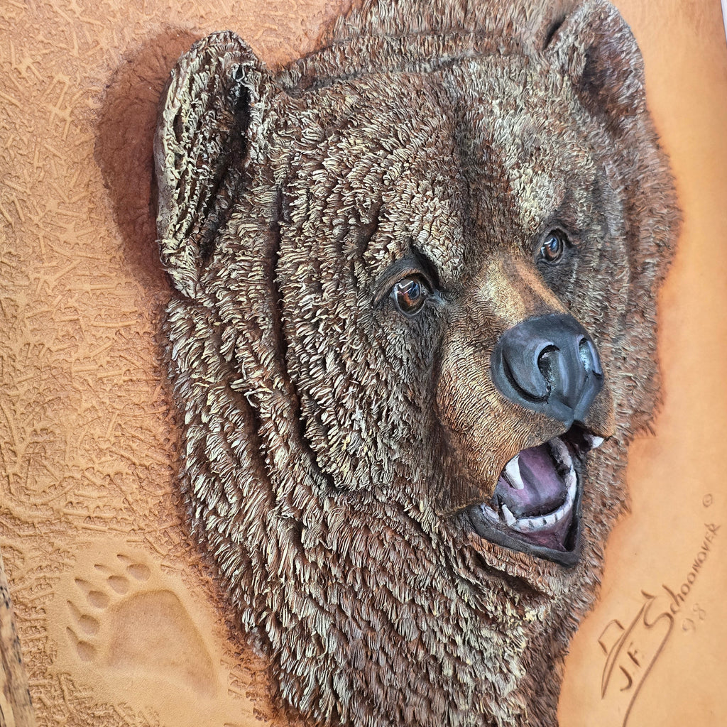 Artisan Handcrafted Three Dimensional Leather Sculpture, Grizzly Bear by Jan Schoonover