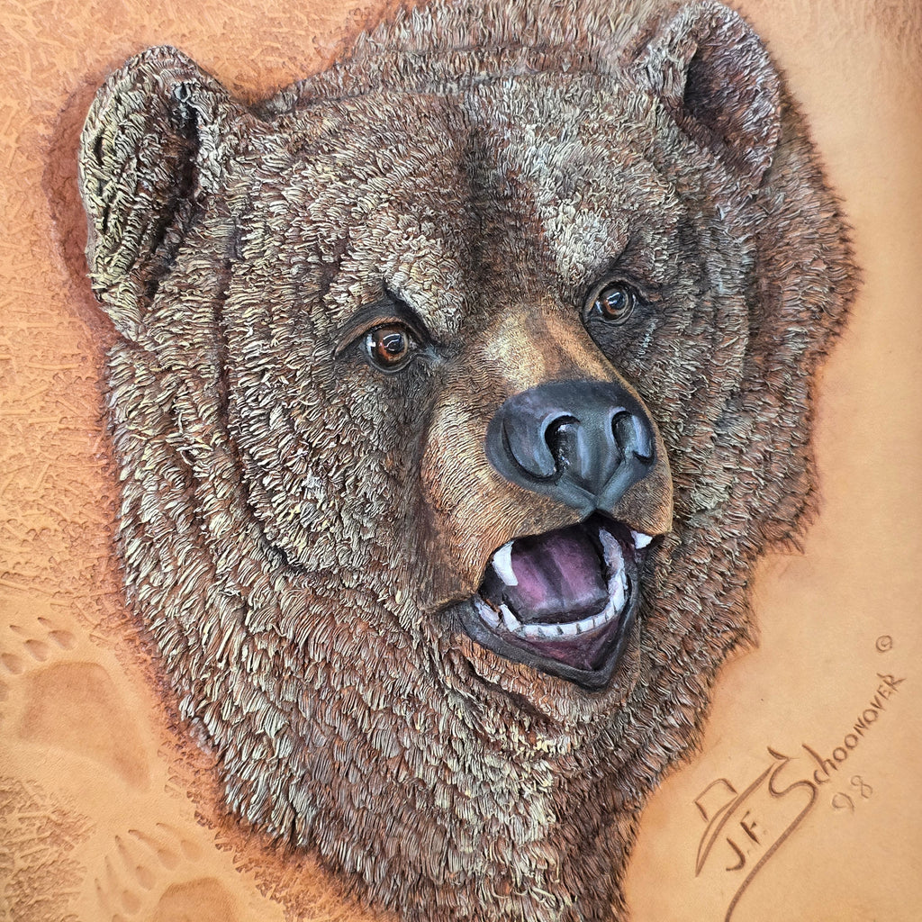 Artisan Handcrafted Three Dimensional Leather Sculpture, Grizzly Bear by Jan Schoonover