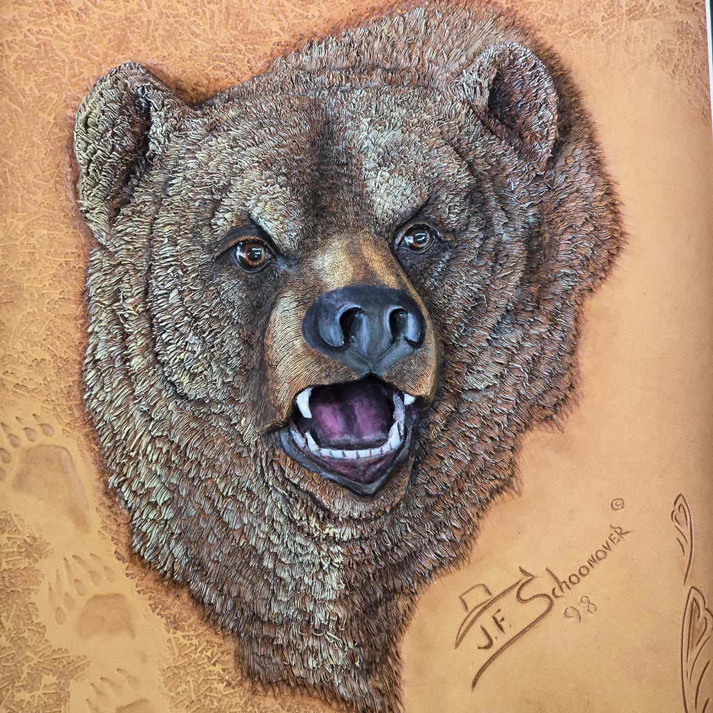 Artisan Handcrafted Three Dimensional Leather Sculpture, Grizzly Bear by Jan Schoonover
