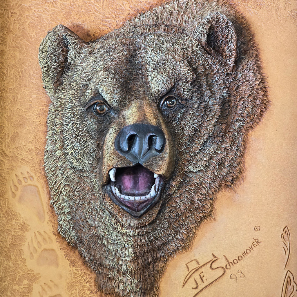 Artisan Handcrafted Three Dimensional Leather Sculpture, Grizzly Bear by Jan Schoonover