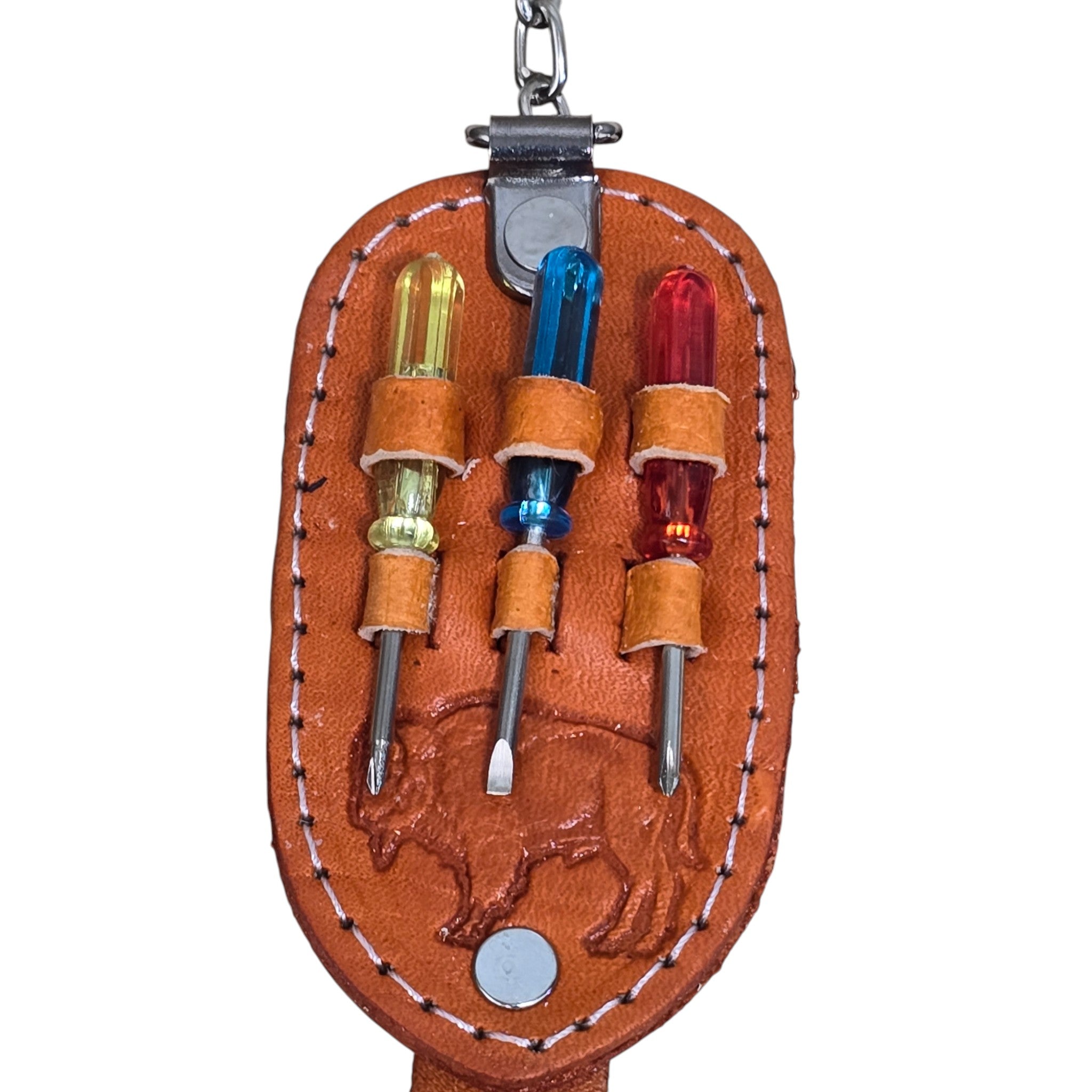 Genuine Leather Embossed Mini Screwdriver Set; Keyring