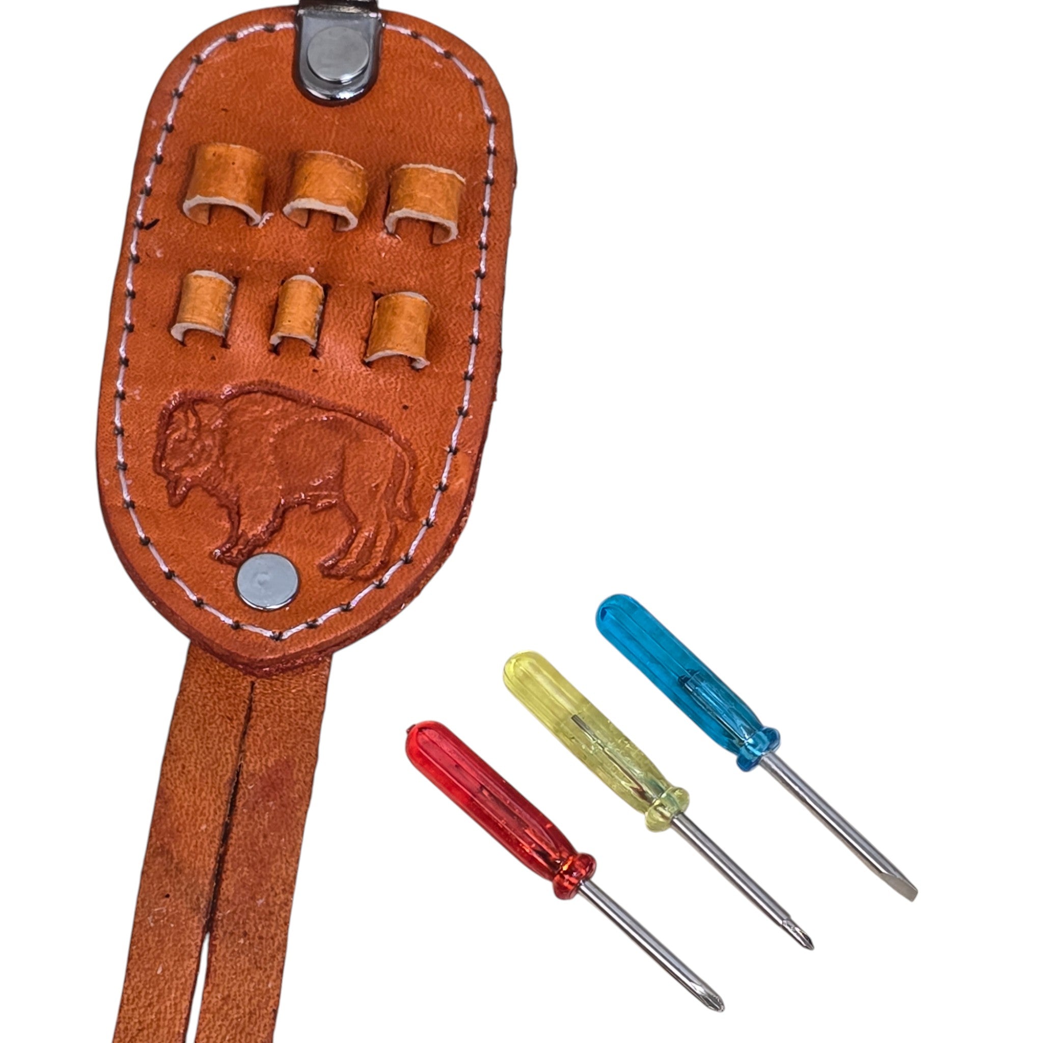 Genuine Leather Embossed Mini Screwdriver Set; Keyring