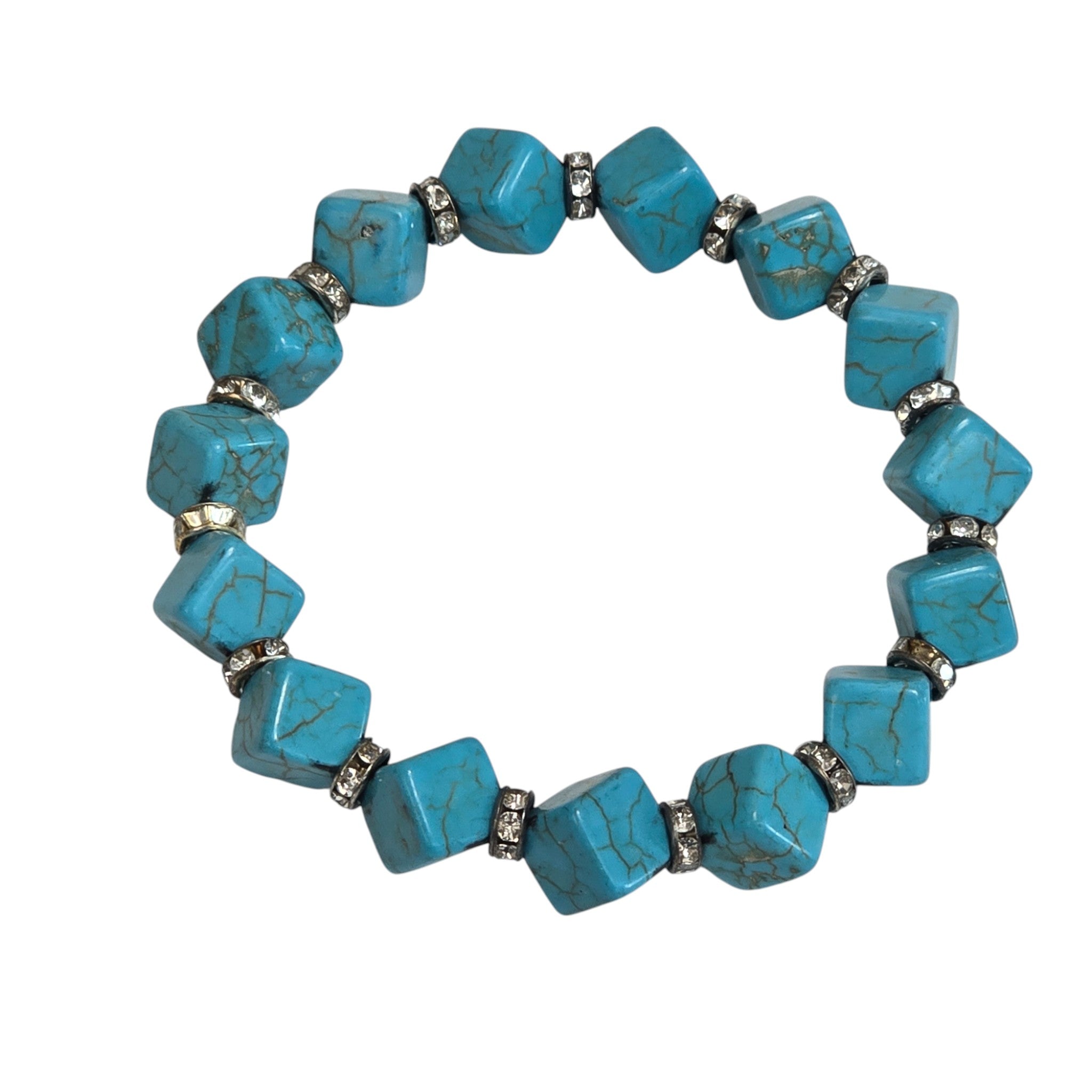 Hand-Carved Turquoise Cube Bead Bracelet with Crystal Accents
