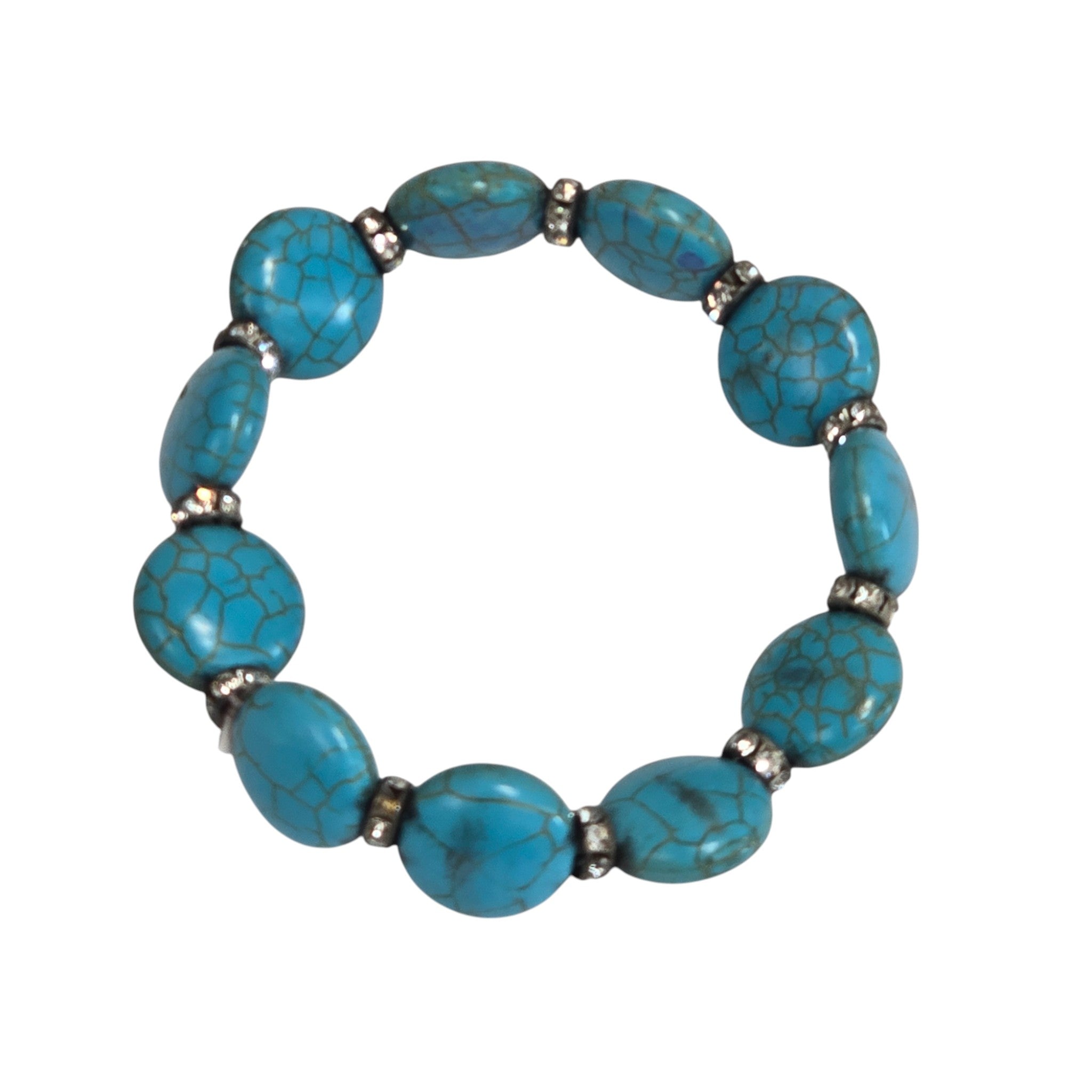 Hand-Carved Turquoise Bead Bracelet with Crystal Accents