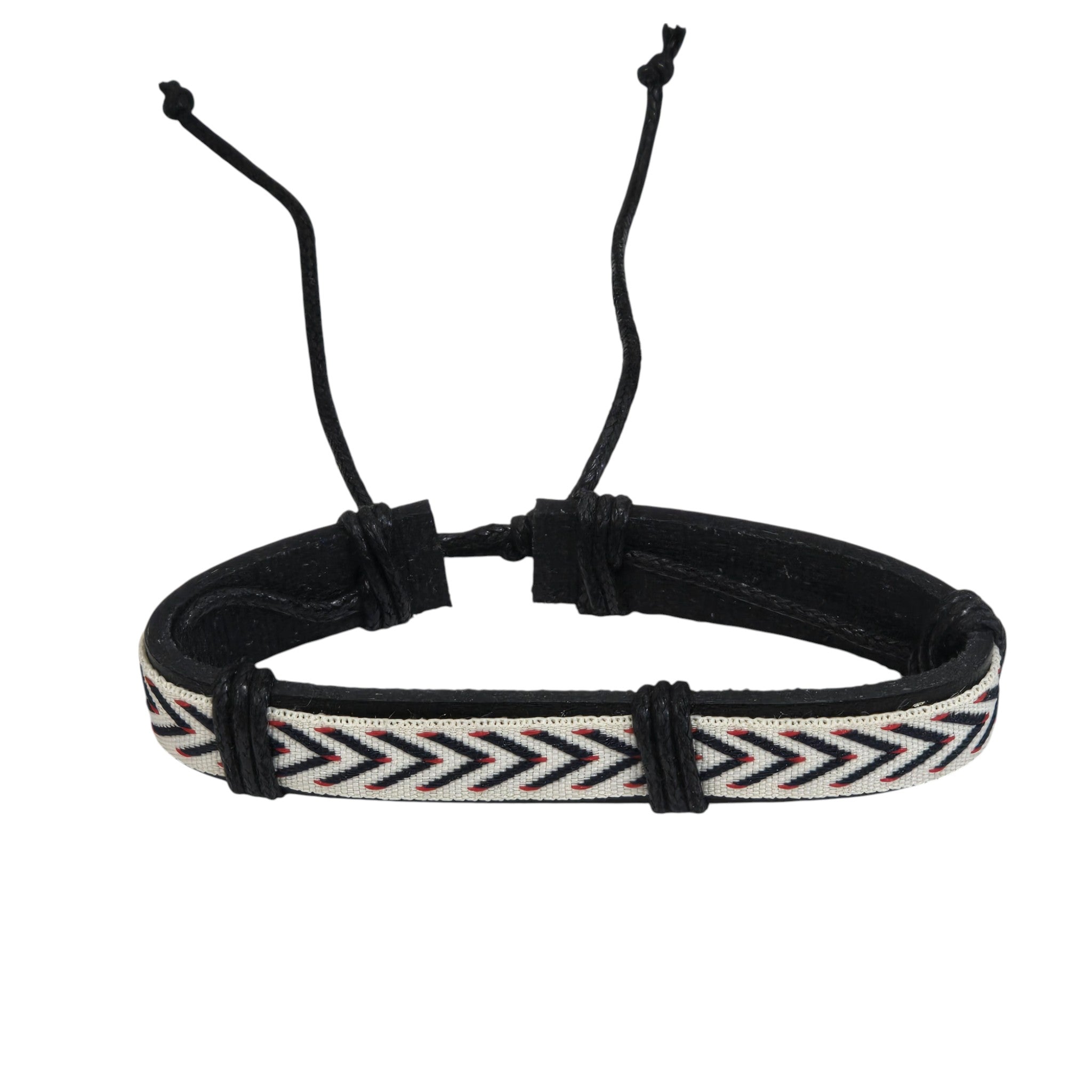 Hand-Woven Genuine Leather Bracelet with Native American Patterned Overlay