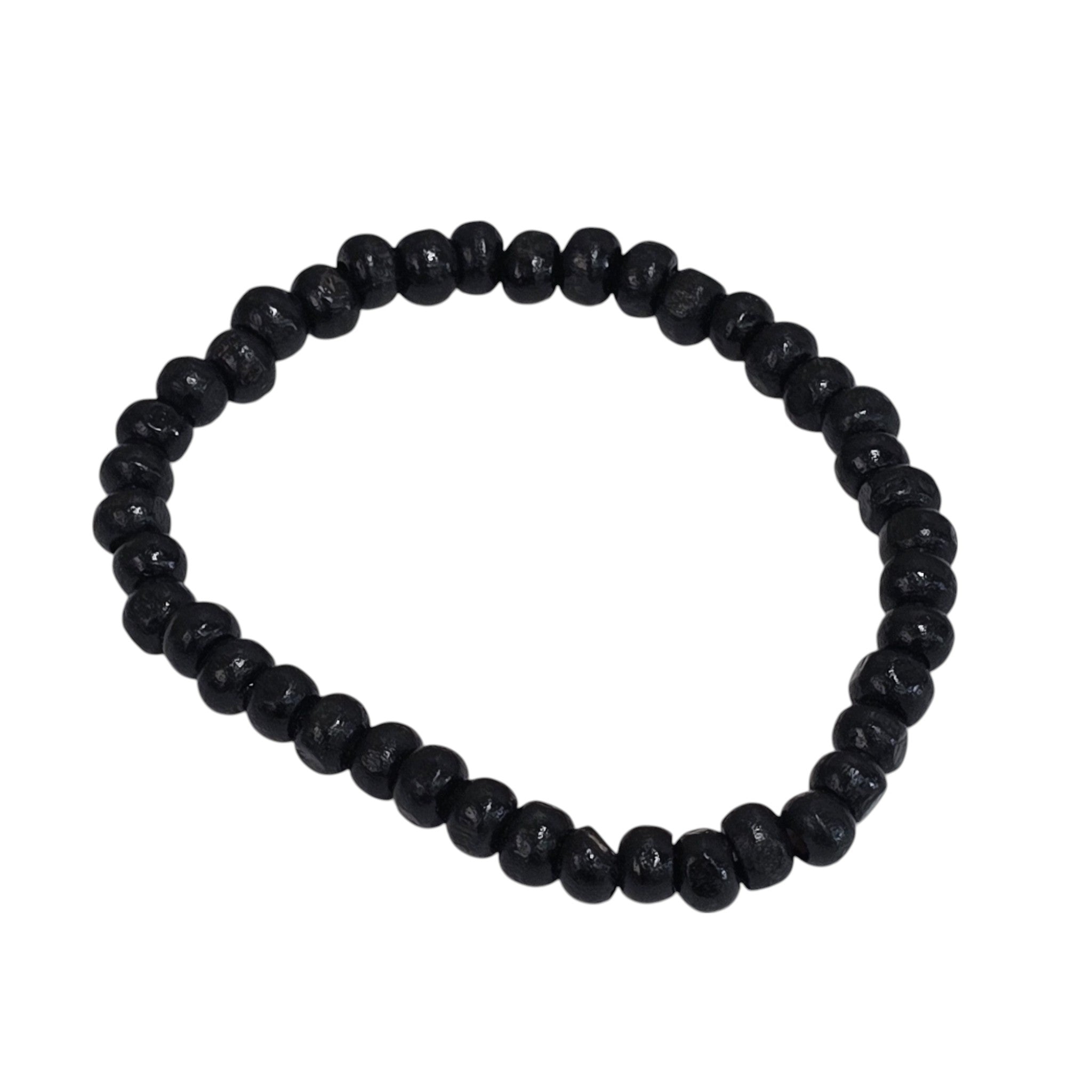 Hand-Carved Wood Bead Bracelet, Black in Color