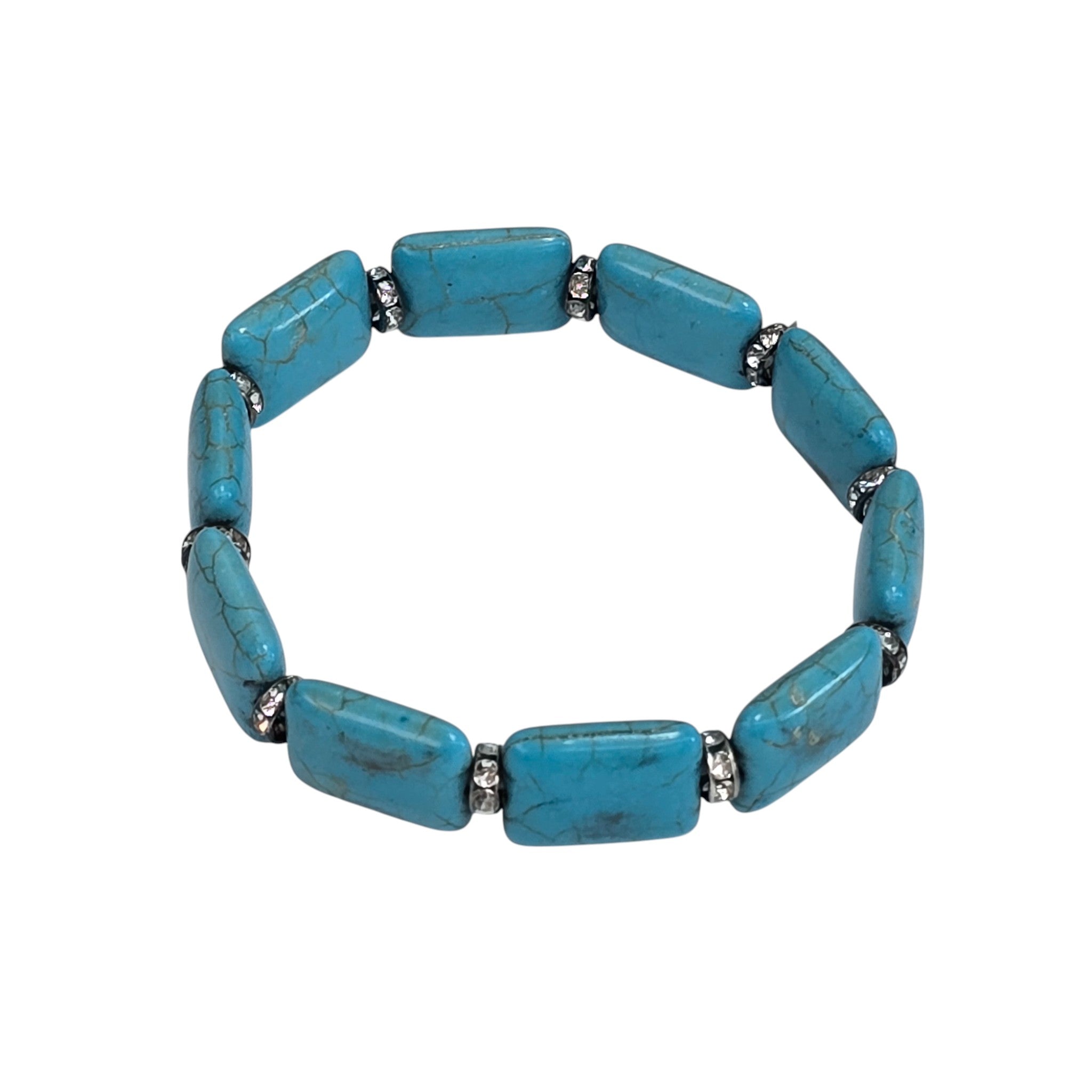 Hand-Carved Turquoise Bead Bracelet with Crystal Accents