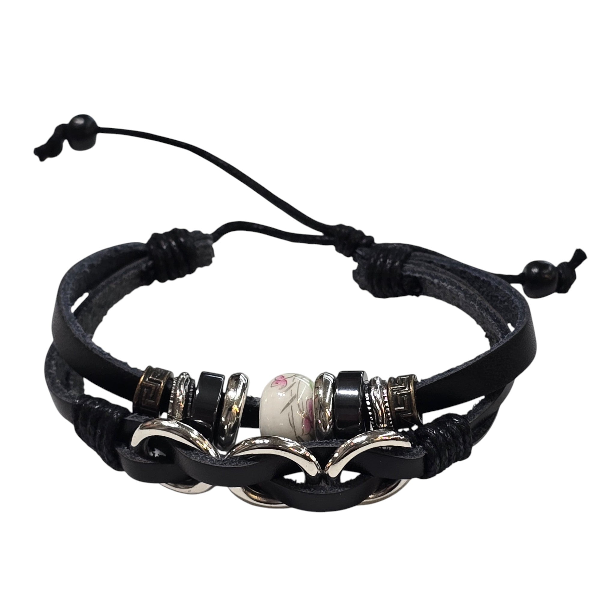 Hand-Woven Genuine Leather with Metal Rings and Stone Bead Accented Adjustable Bracelet